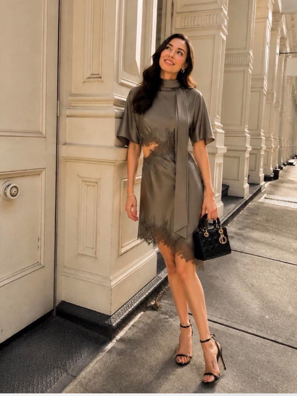 ZARA Olive Satin Asymmetric Lace-Trim Mini Dress